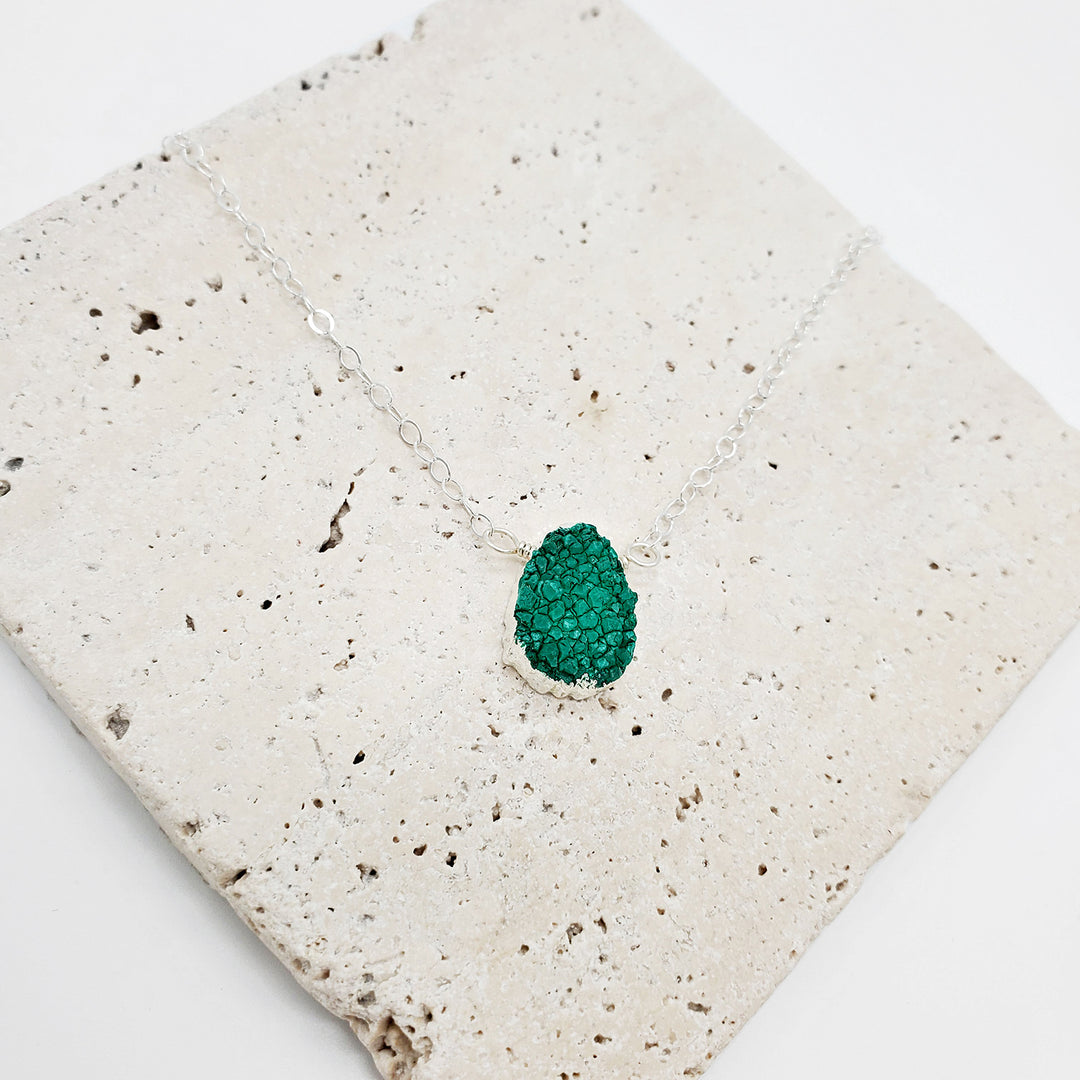 Emerald Green Druzy Gemstone Slice Necklace in Gold and Sterling Silver
