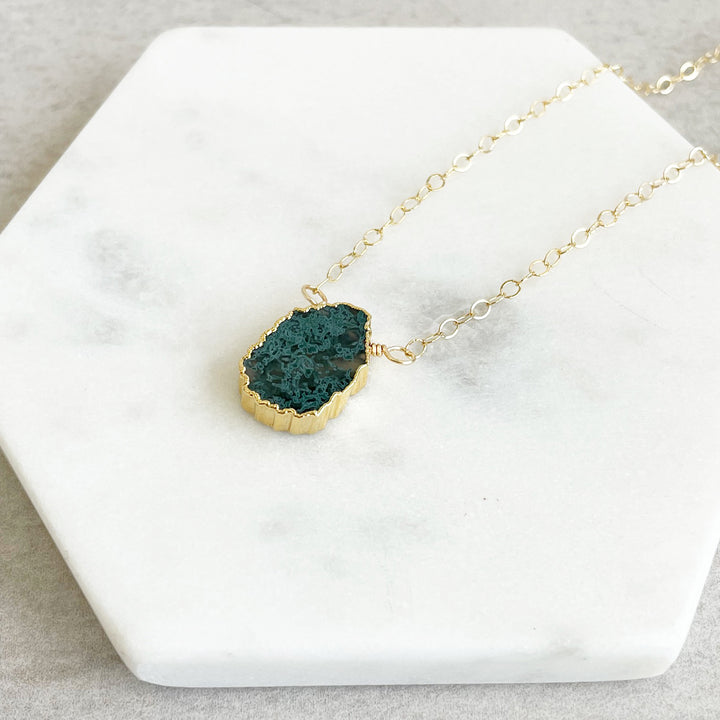 Freeform Green Moss Agate Gemstone Slice Necklace with Gold Scalloped Edge