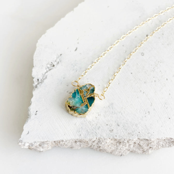 Freeform Teal Mojave Gemstone Slice Necklace in Gold and Silver