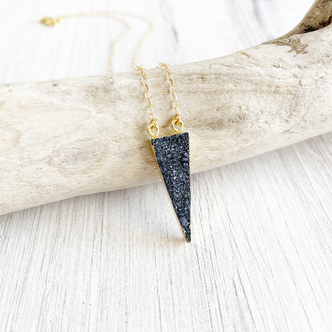 Black Druzy Triangle Necklace in Gold