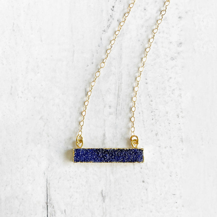 Deep Blue Druzy Bar Necklace in Gold