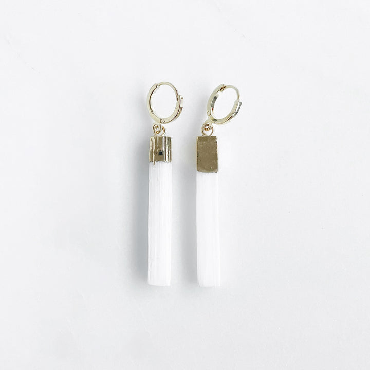 Selenite Bar Drop Earrings in Gold. Simple Gemstone Earrings