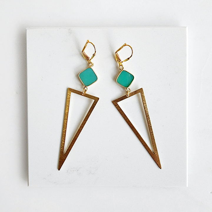 Green Onyx Triangle Statement Earrings in Brushed Brass Gold