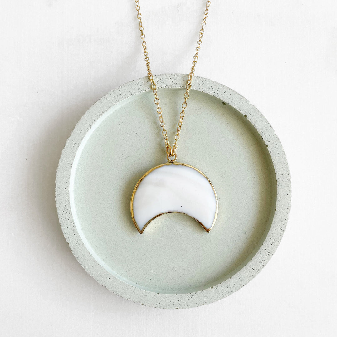 Large White Shell Crescent Necklace in Gold