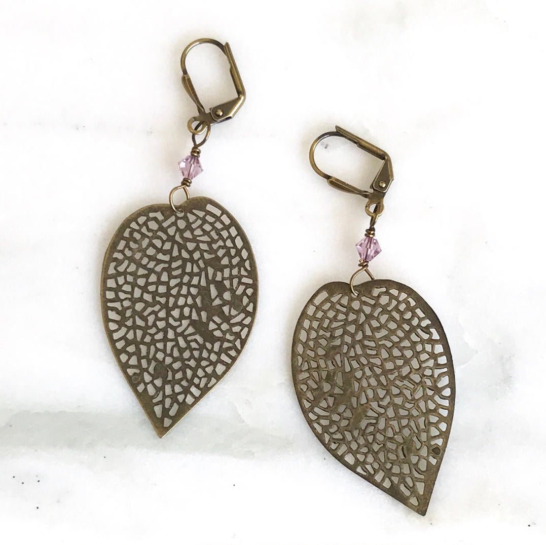 Leaf Dangle Earrings in Antique Copper Bronze Gold or Silver
