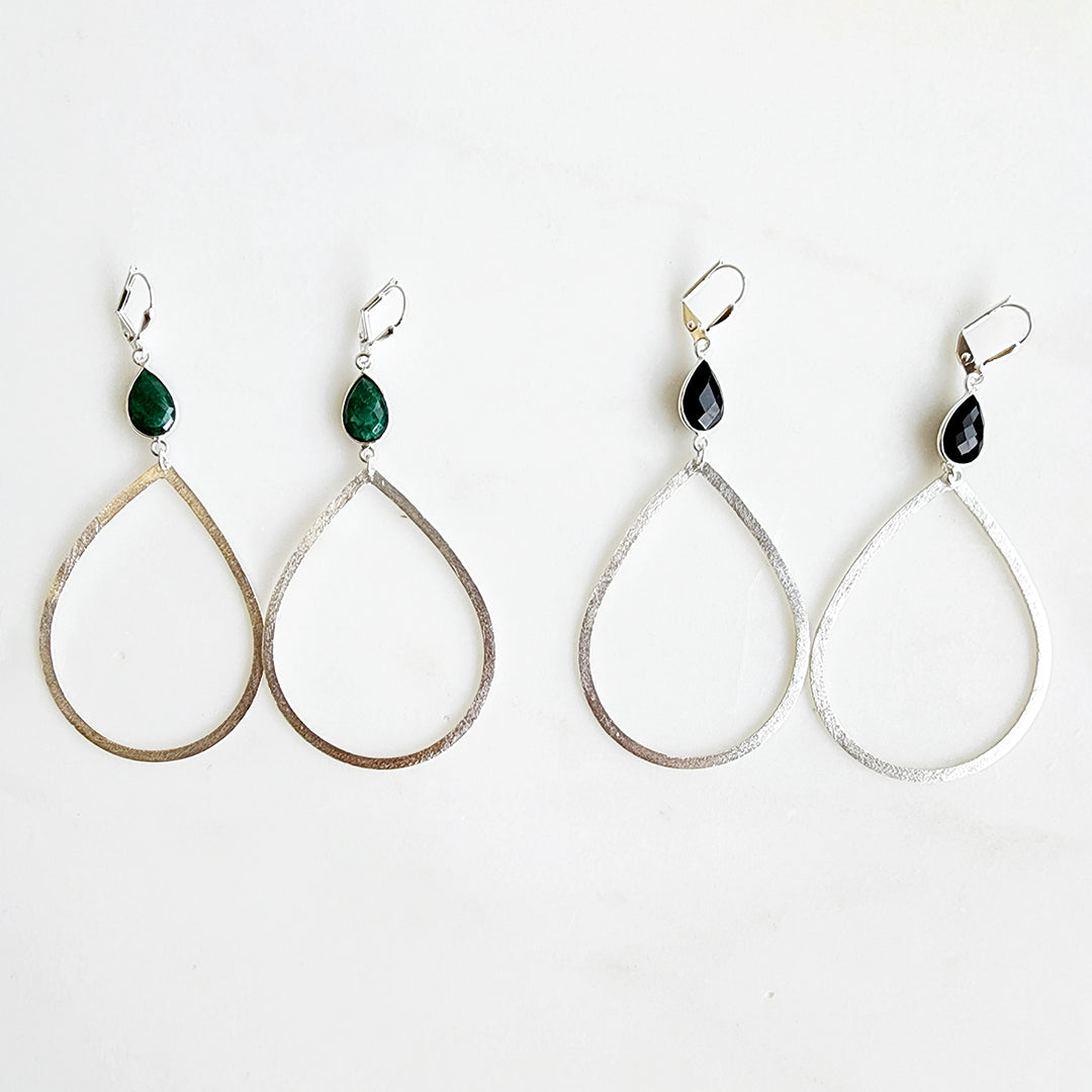 Black Onyx and Emerald Stone Teardrop Earrings in Brushed Silver