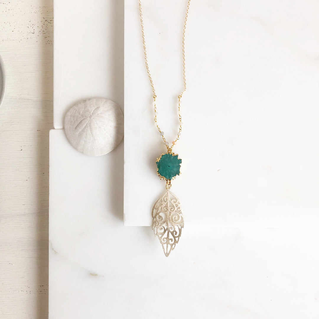 Long Gold Pendant Necklace with Green Solar Quartz and Moonstone Beaded Chain in Gold.