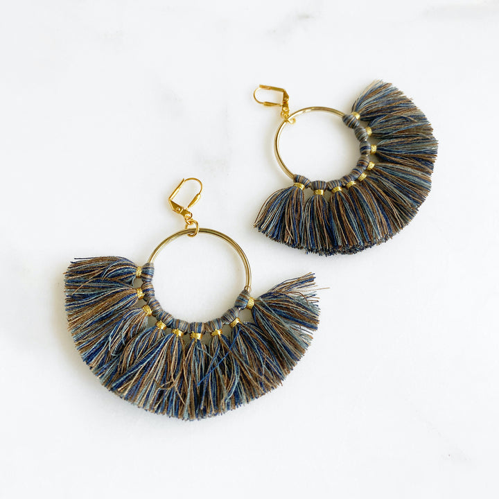 Fan Tassel Statement Earrings in Brown Blue Grey