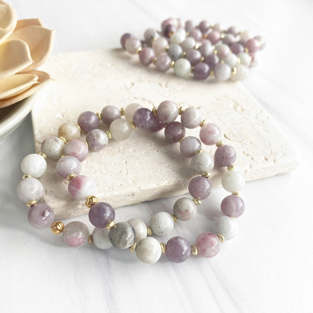 Purple Stone Stretch Beaded Bracelet with Gold Accents
