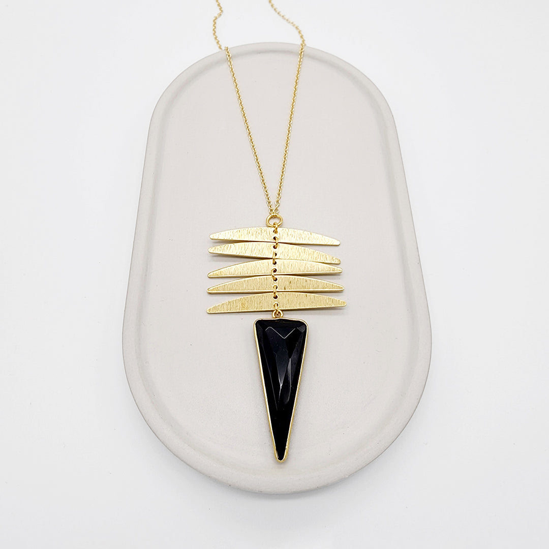 Long Bezel Necklace with Rotating Brass Pendant in Gold