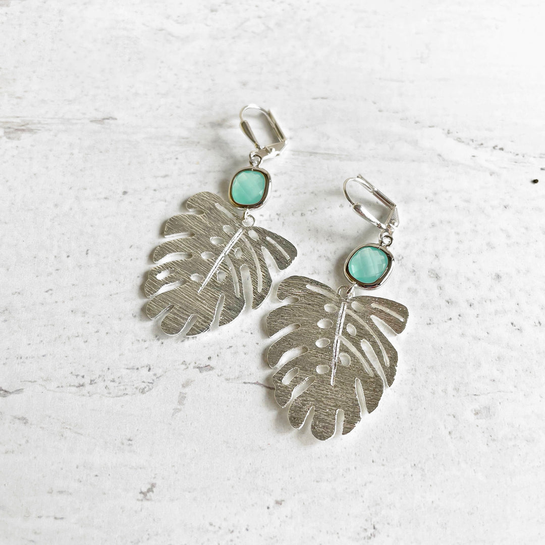 Monstera Leaf Dangle Earrings with Aqua Glass Stones in Silver