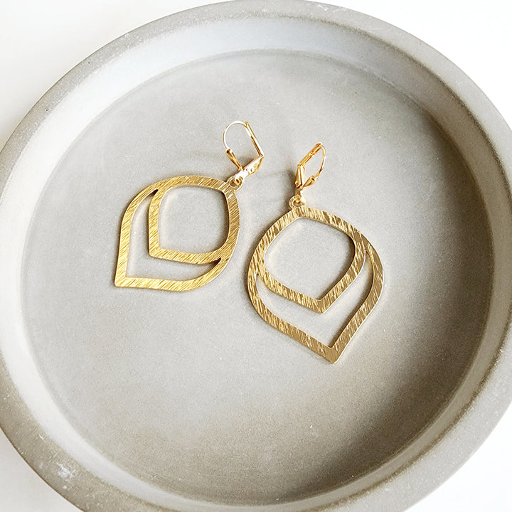 Double Teardrop Dangle Earrings in Brushed Brass Gold