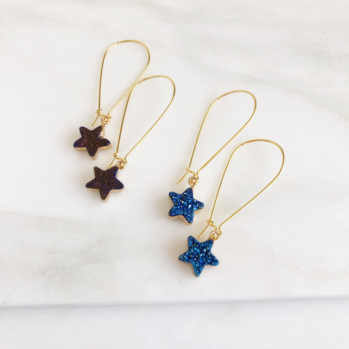 Druzy Star Earrings. Blue and Purple Druzy Star Earrings. Druzy Jewelry. Gold Druzy Earrings