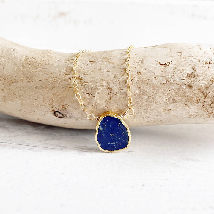 Lapis Gemstone Slice Necklace in Gold. Dainty Layering Necklace
