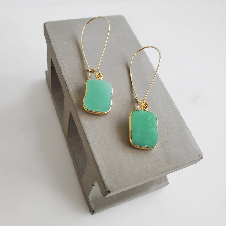 Freeform Chrysoprase Gemstone Slice Drop Earrings in Gold