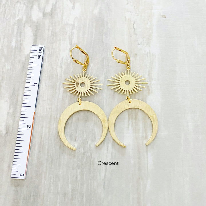 Brushed Gold Dangle Earrings with Sunburst Charms. Sun Dangle Earrings