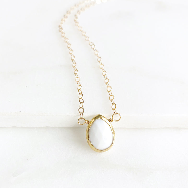 Dainty White Stone Teardrop Necklace. Sweet Tiny Milky White Quartz Necklace in Gold