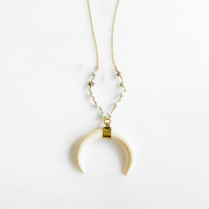 Long Cream Crescent Necklace in Gold with Amazonite or Brown Moonstone Beading