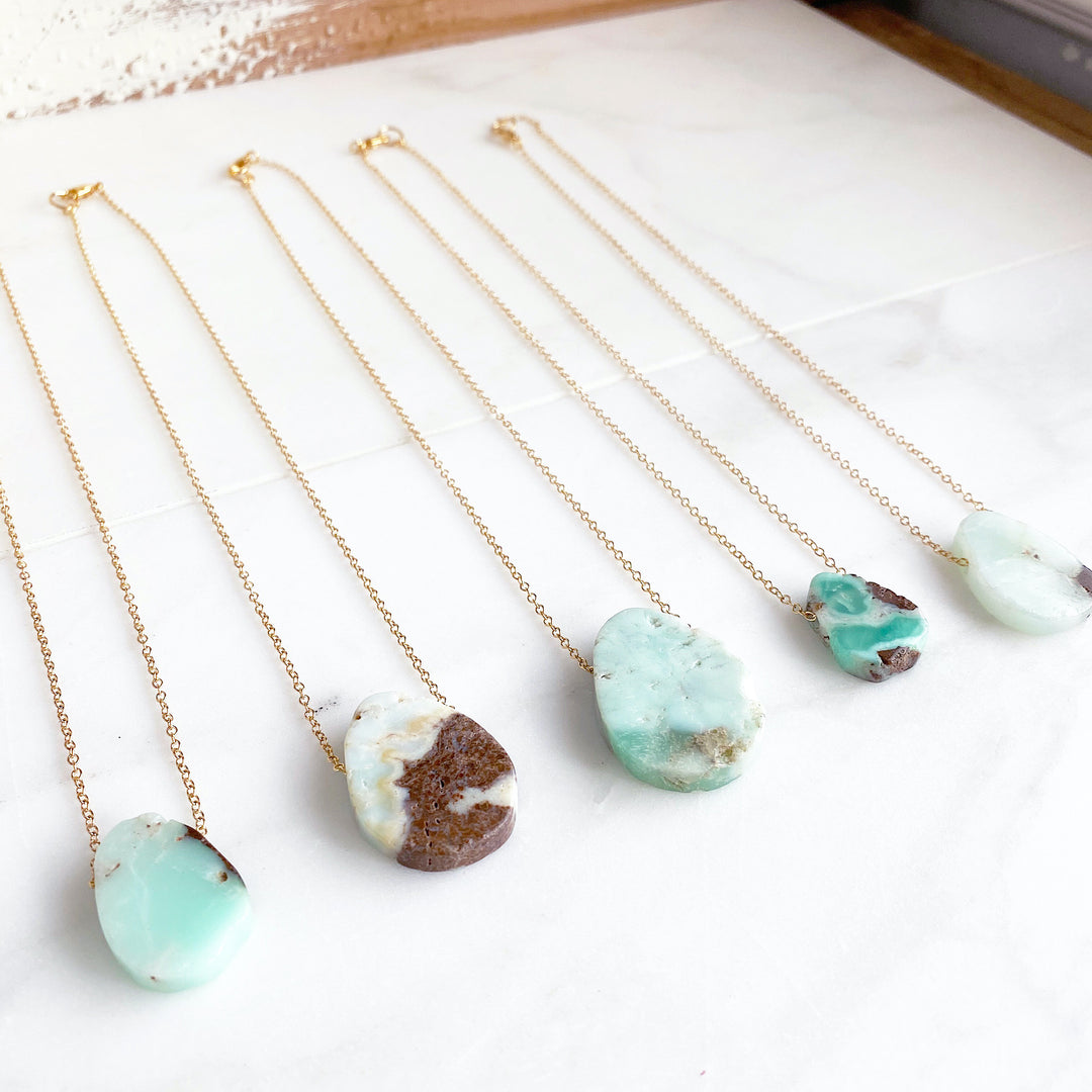 Floating Stone Necklace in Gold. Chrysoprase Stone Necklace. Australian Jade Necklace