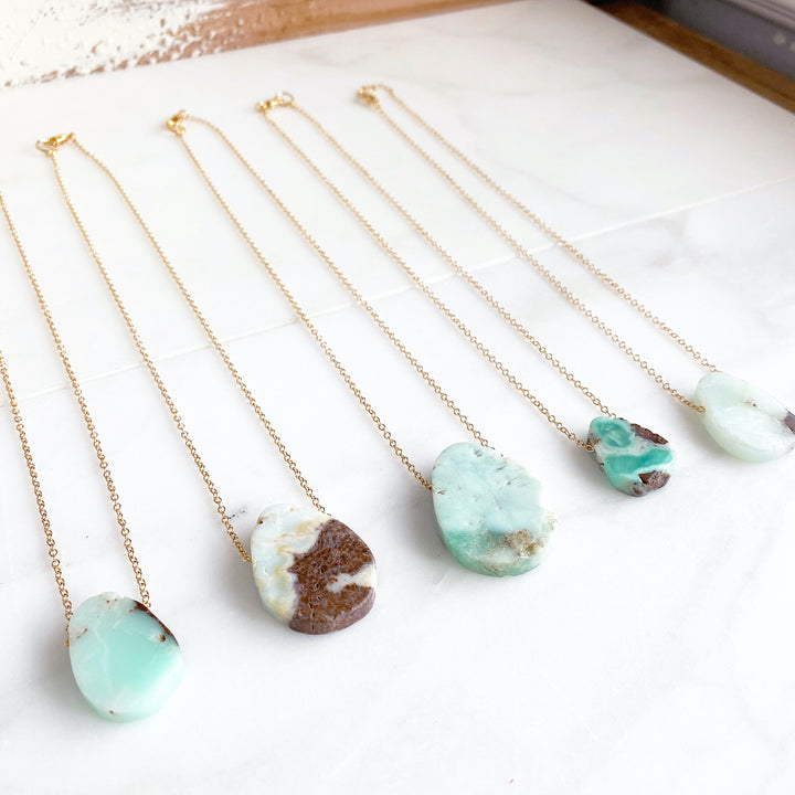 Floating Stone Necklace in Gold. Chrysoprase Stone Necklace. Australian Jade Necklace