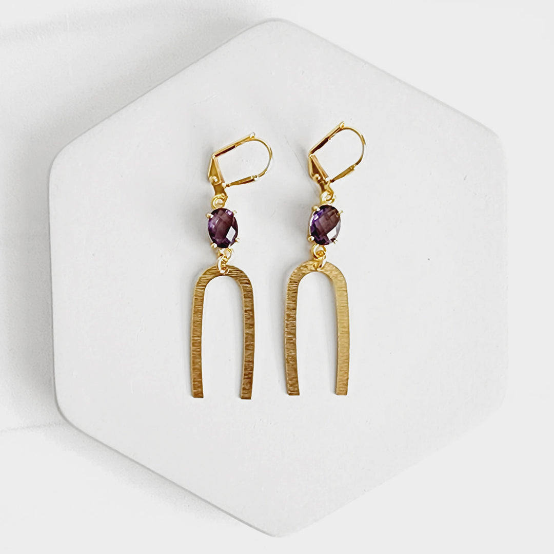 Gold Horseshoe Earrings with Amethyst Stones