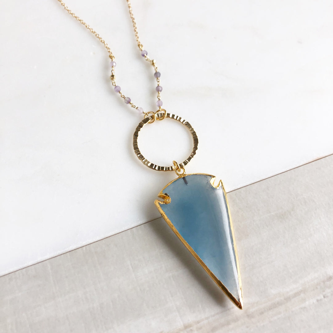 Long Blue Stone Arrowhead Necklace with Ring and Lavender Purple Beading