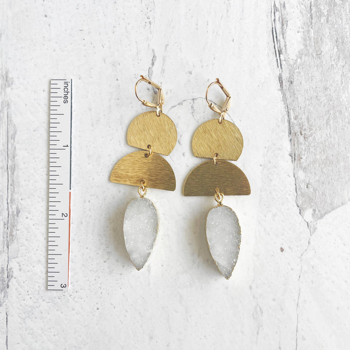 White Druzy Statement Earrings with Brushed Brass Accents