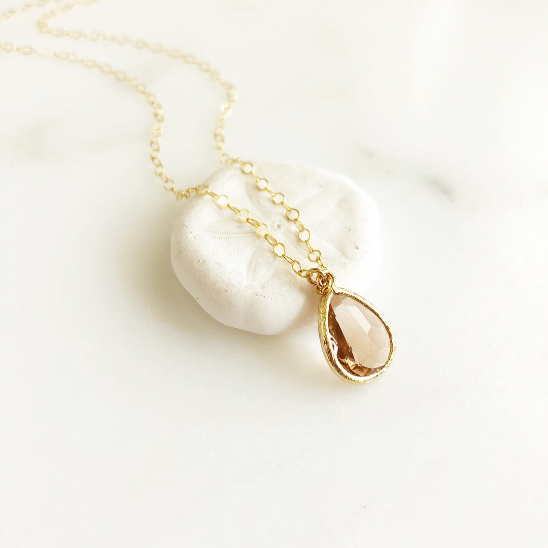 Gold Champagne Glass Teardrop Necklace. Bridal Jewelry Bridesmaids Gifts.