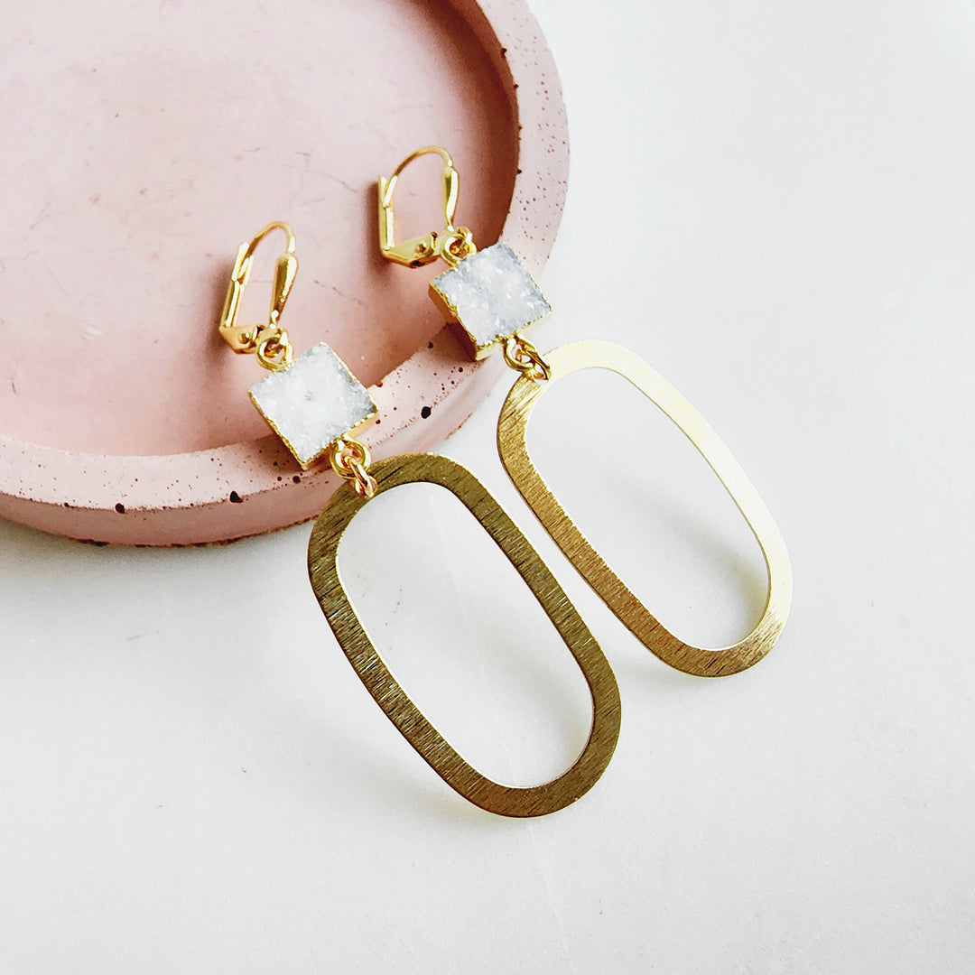 Square White Druzy Open Oval Statement Earrings in Brushed Brass Gold