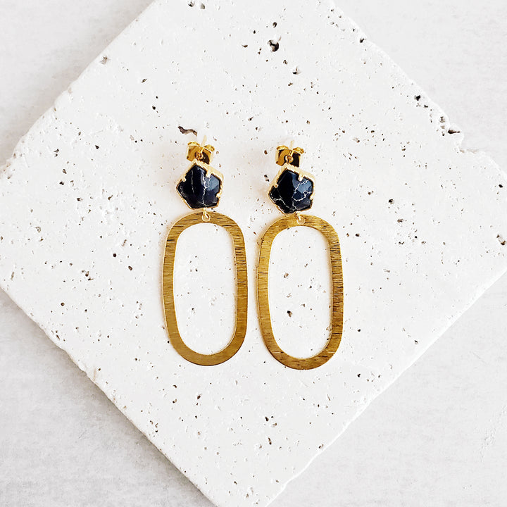 Black Howlite Pentagon Post Earring with Brushed Gold Open Oval Hoops