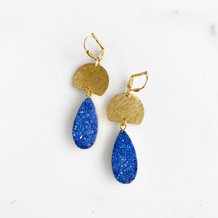 Blue and Black Druzy Teardrop and Brushed Gold Statement Earrings