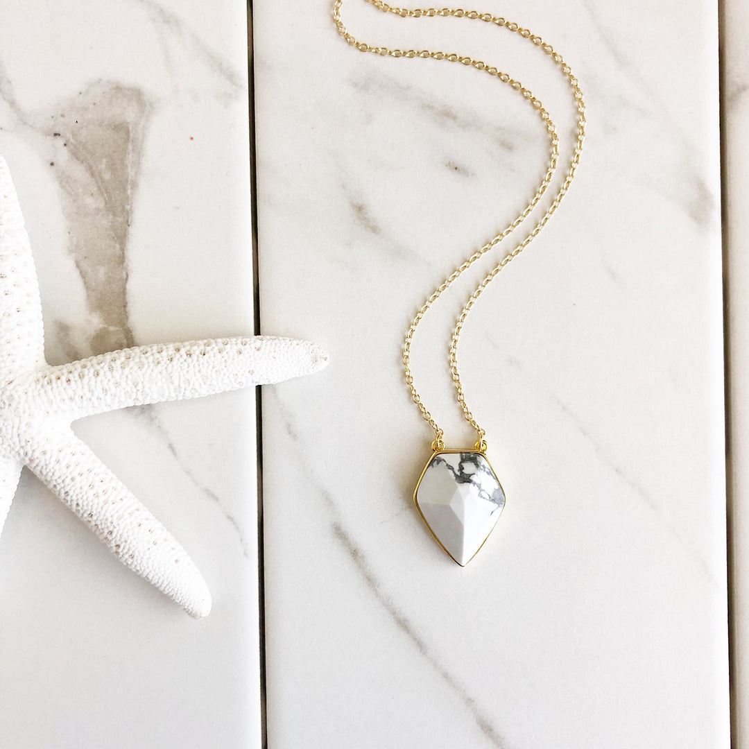 White Howlite Stone Shield Necklace. Pendant Necklace. Gold Necklace. Gift. Layering Necklace.