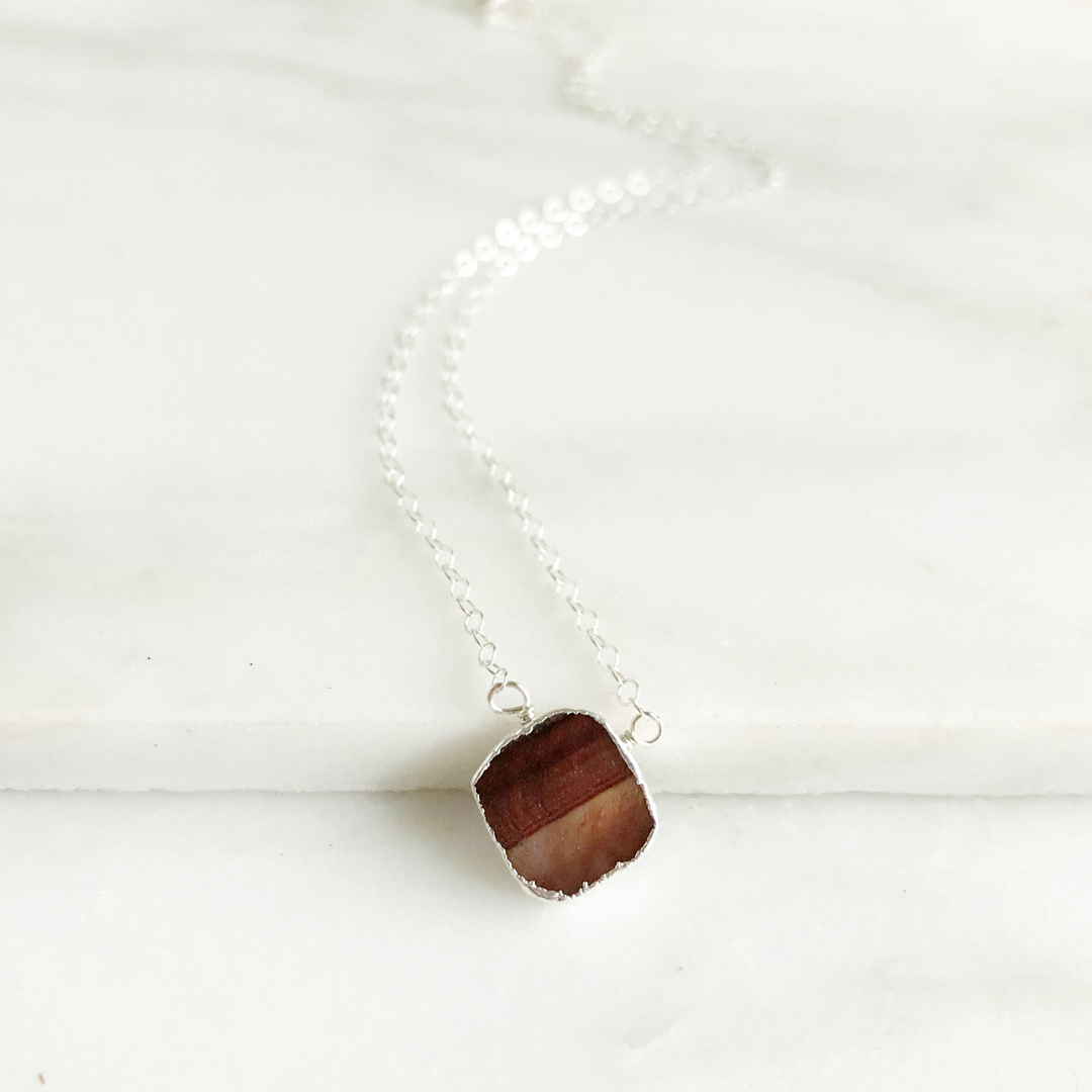 Red Tiger Eye Gemstone Slice Necklace in Sterling Silver. Dainty Layering Jewelry