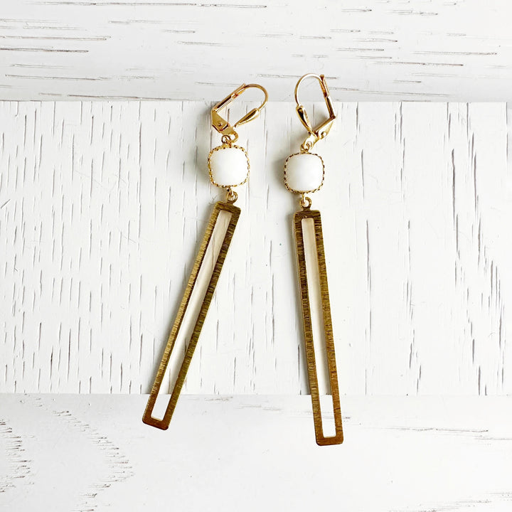 Open Rectangle Bar White Stone Earrings in Brushed Brass Gold