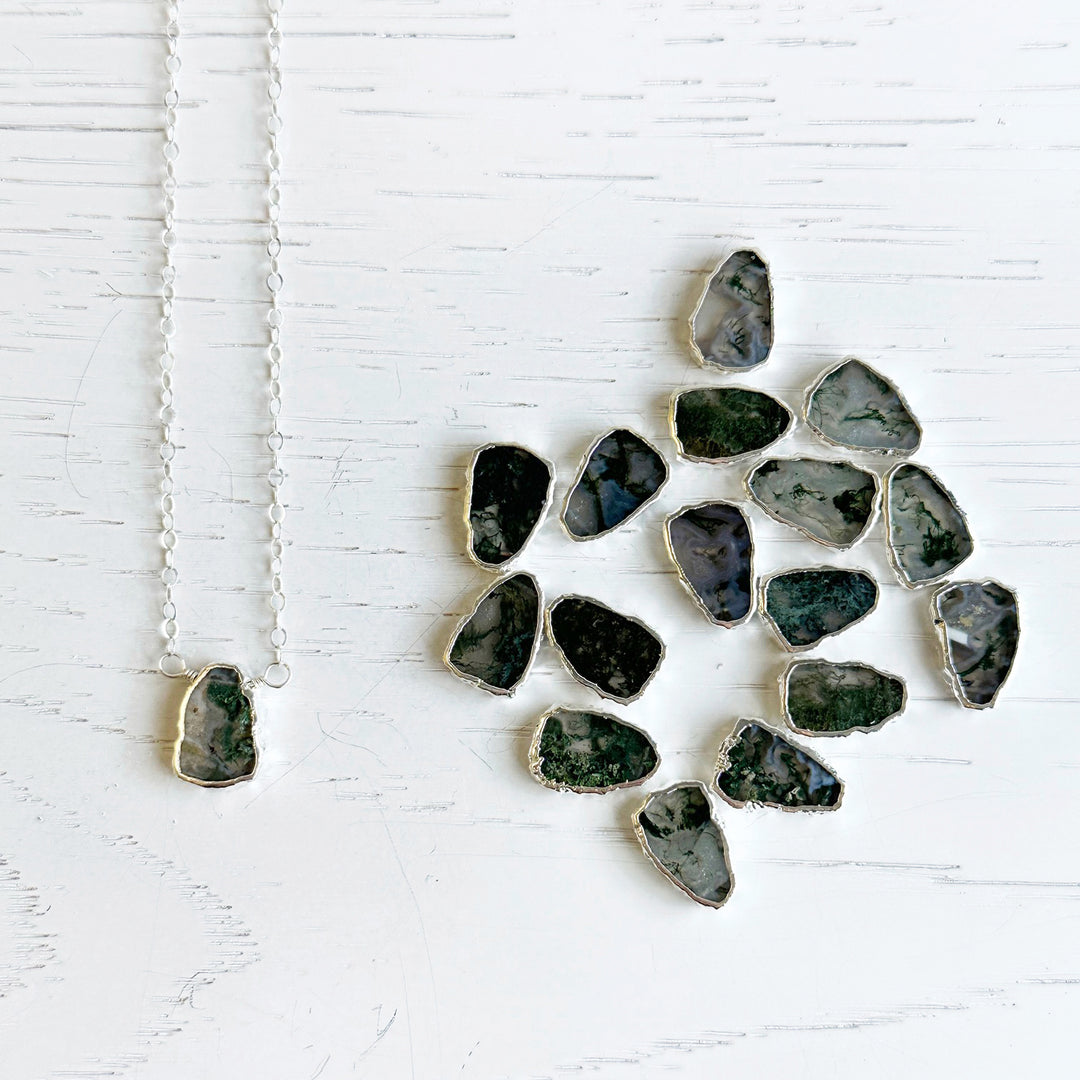 Moss Agate Gemstone Slice Necklace in Sterling Silve