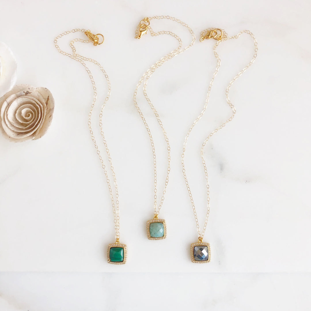 Cubic Zirconia and Dyed Stone Necklace. Square Stone Dainty Necklaces