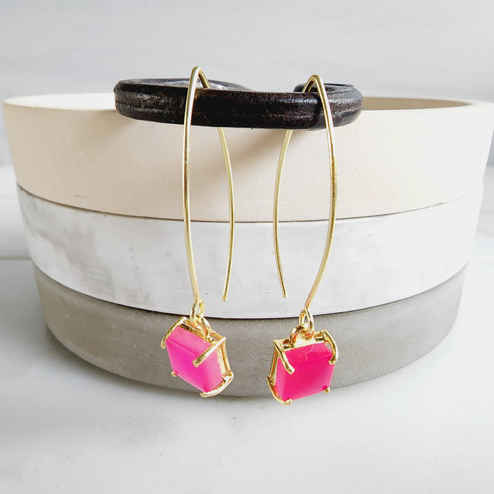 Small Pink Chalcedony Square Drop Earrings in Gold