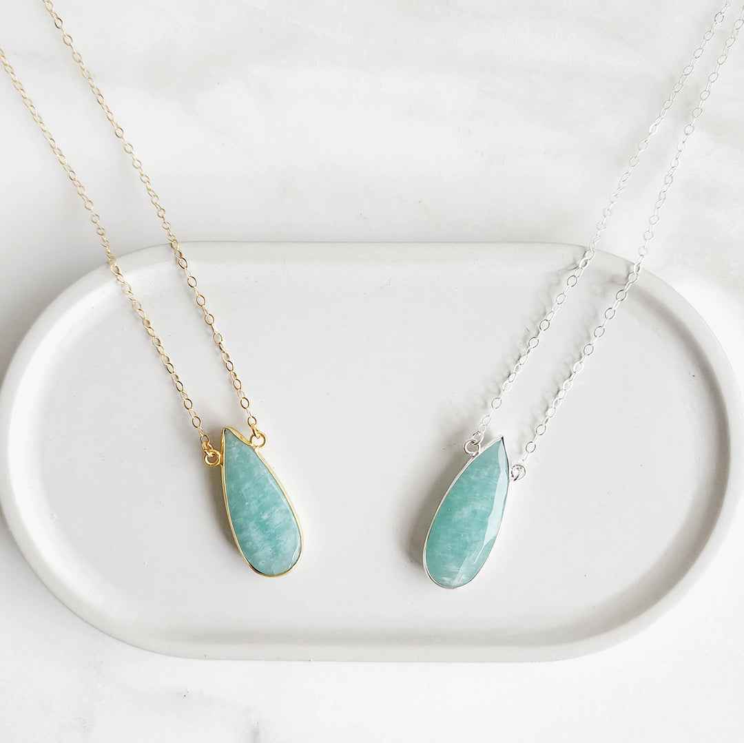 Long Amazonite Teardrop Bezel Stone Statement Necklace in Gold and Silver
