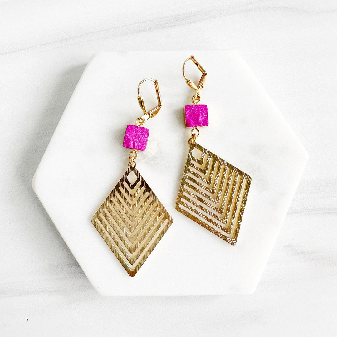 Hot Pink Druzy and Patterned Diamond Statement Earrings in Brushed Brass Gold