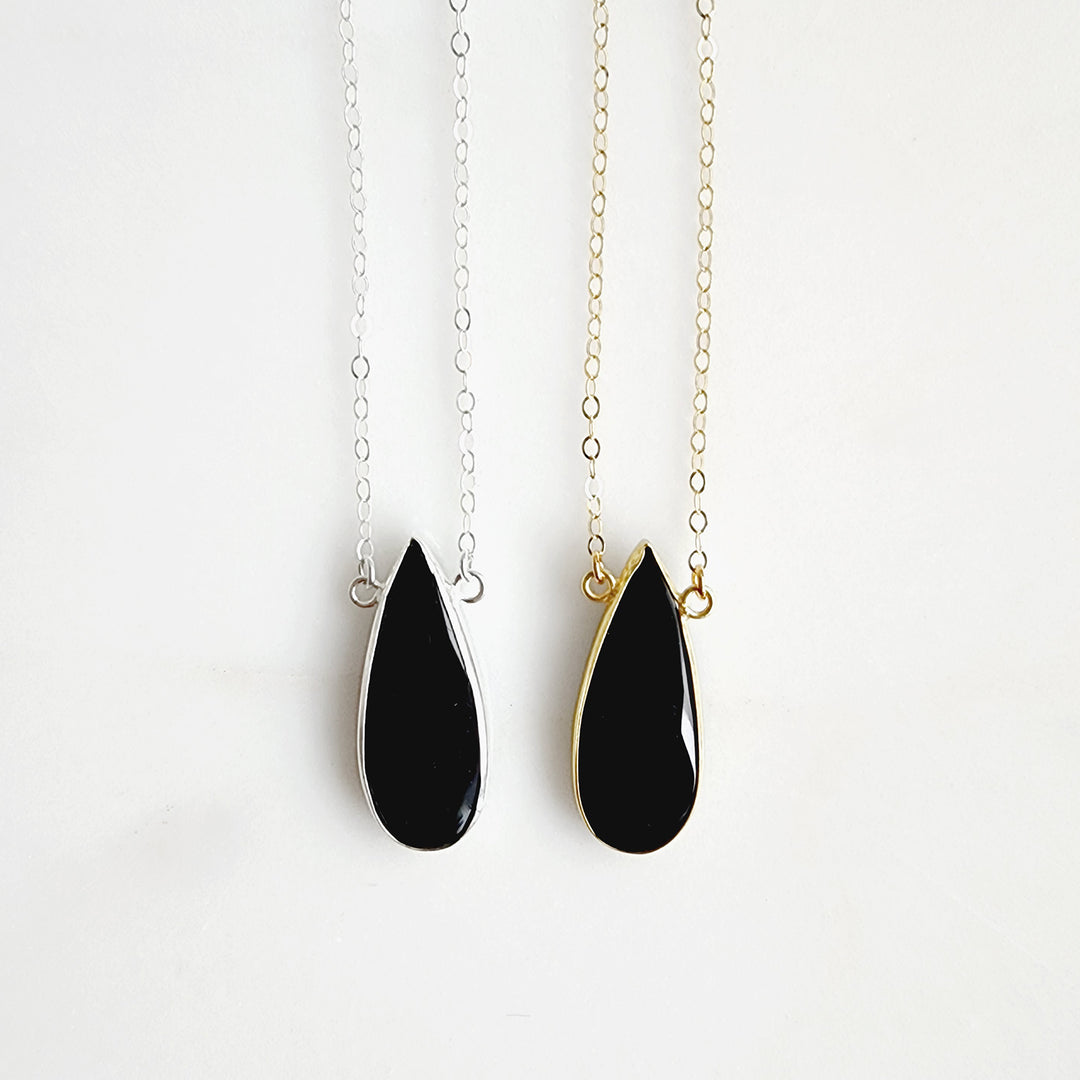 Long Black Onyx Teardrop Bezel Stone Statement Necklace in Gold and Silver