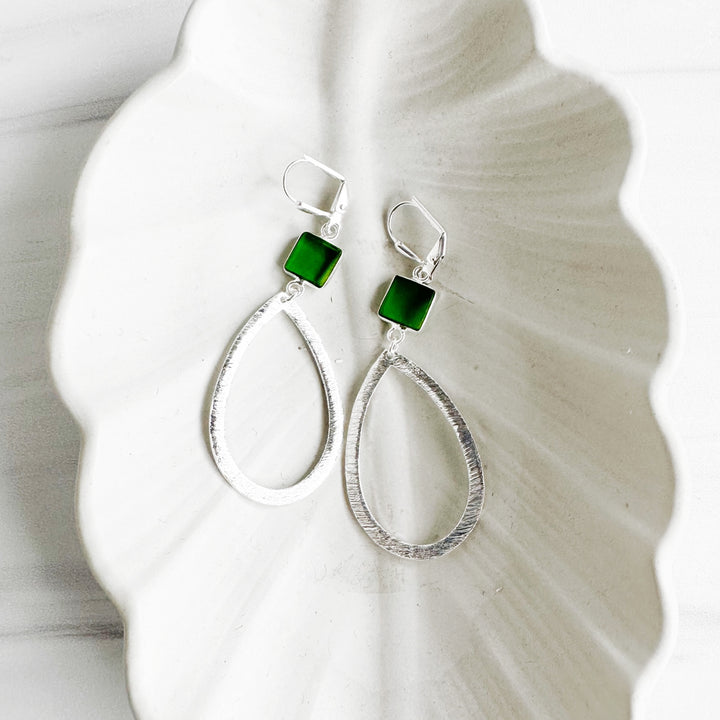 Green Peridot Stone Teardrop Earrings in Brushed Silver
