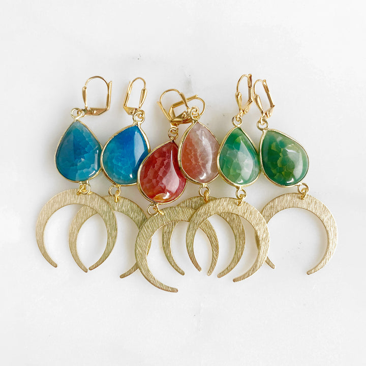 Teardrop Stone and Crescent Dangle Earrings in Gold. Blue Red Green Gemstone Moon Earrings