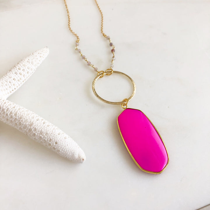 Hot Pink Oval Shield Necklace with Strawberry Quartz Beaded Chain in Gold