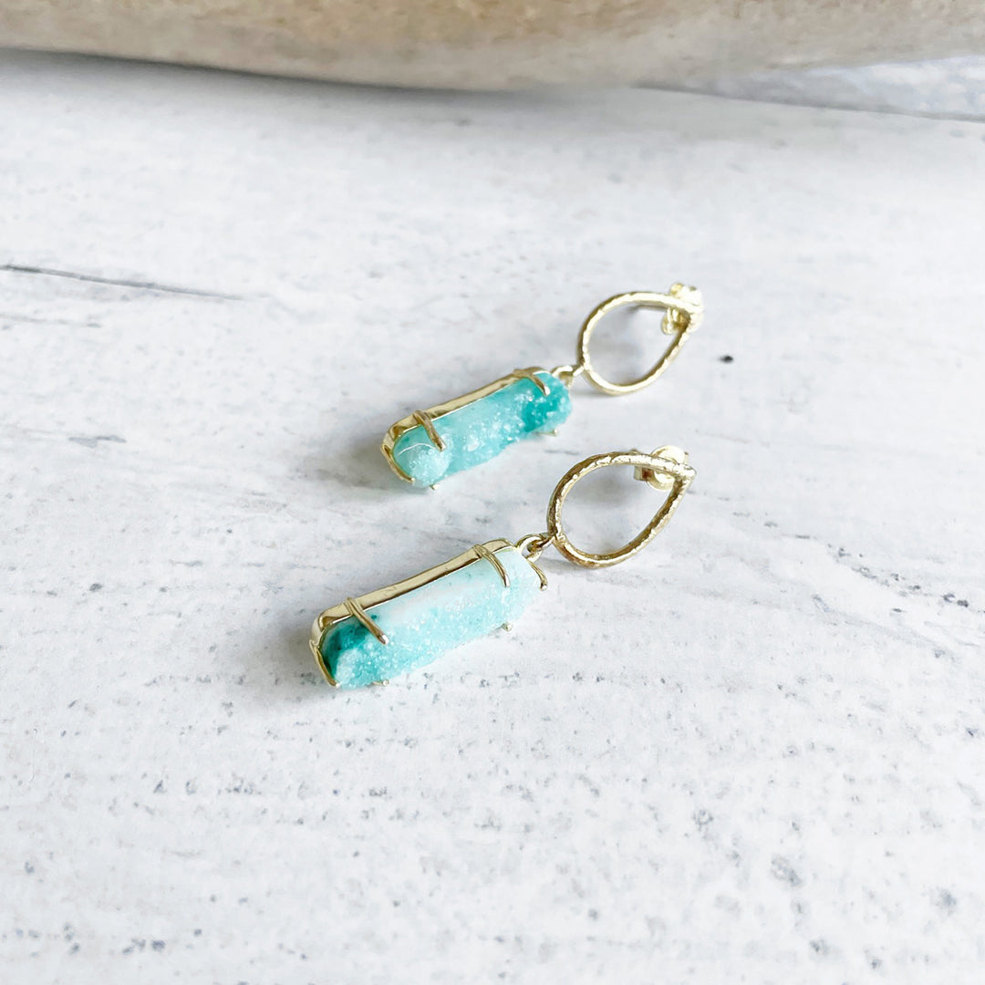 Teal Druzy Point Hoop Earrings in Gold