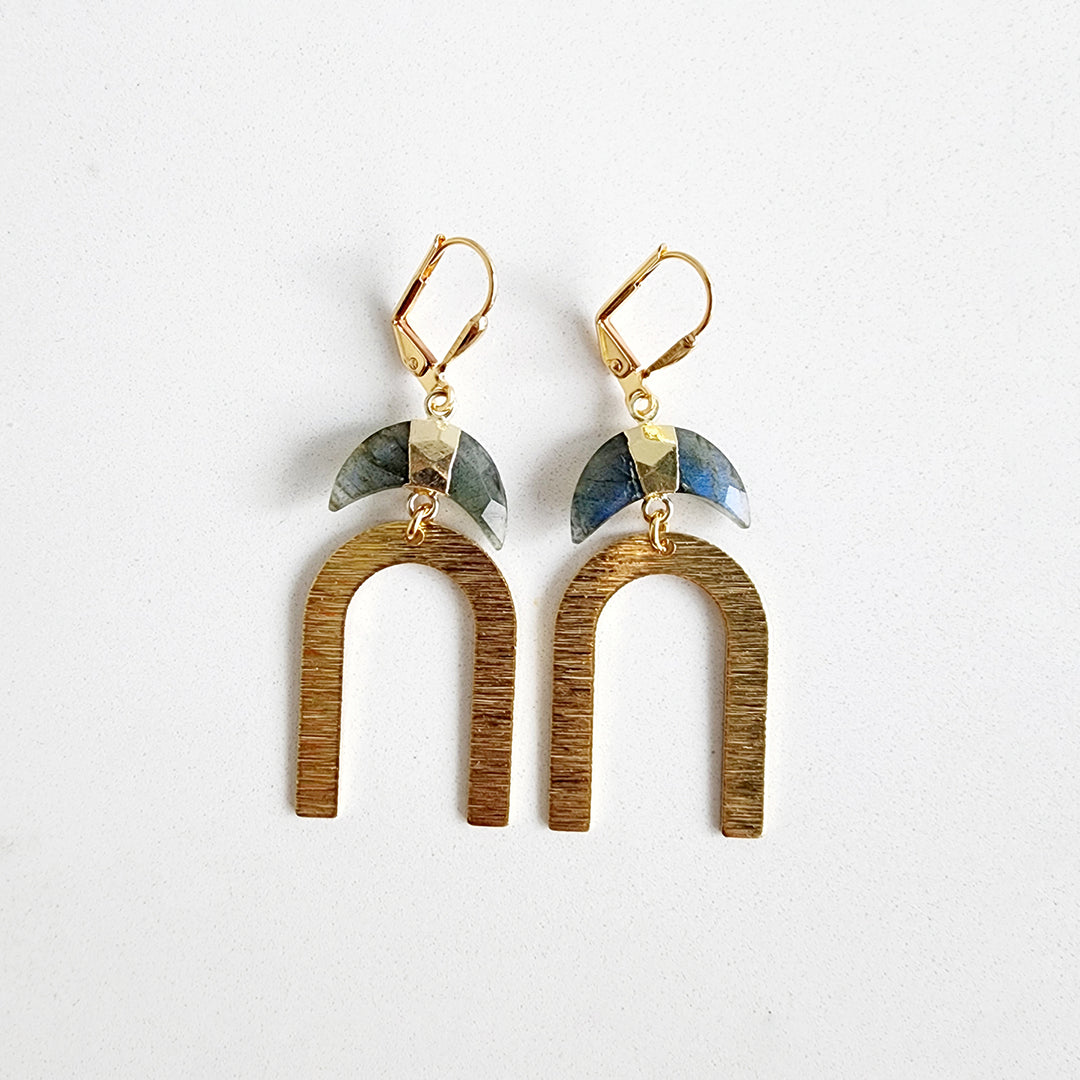 Crescent Gemstone Earrings with Horseshoe Pendants in Brushed Brass Gold