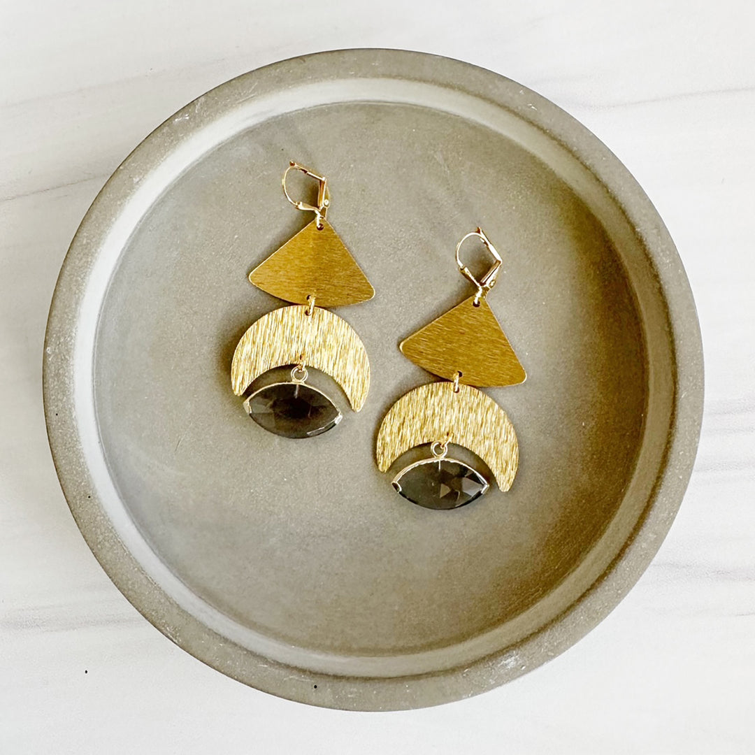 Unique Statement Earrings with Smoky Quartz Stones in Brushed Brass Gold