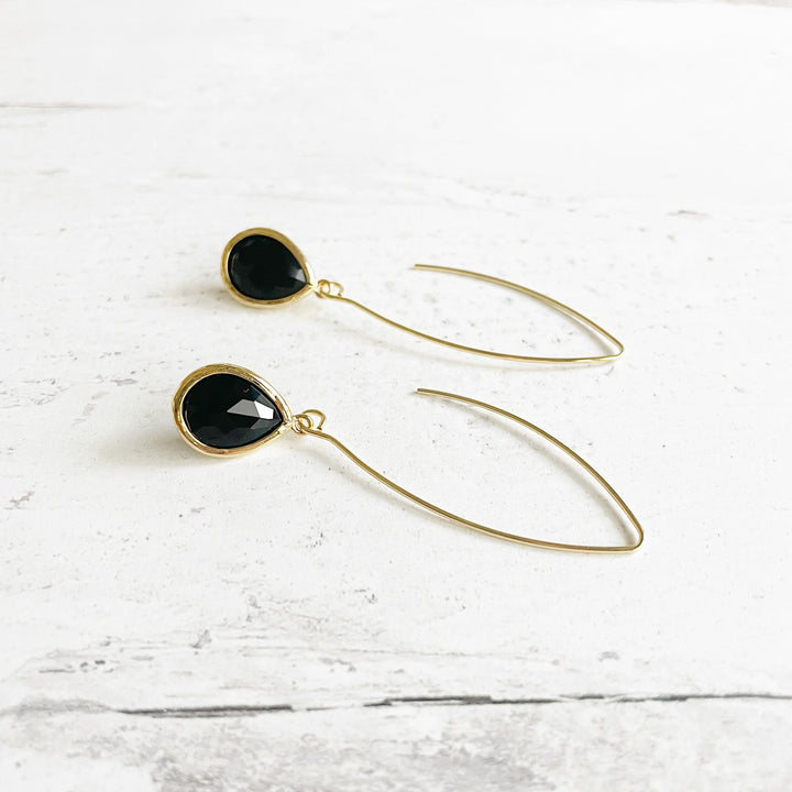 Simple Black Glass Stone Drop Earrings in Gold
