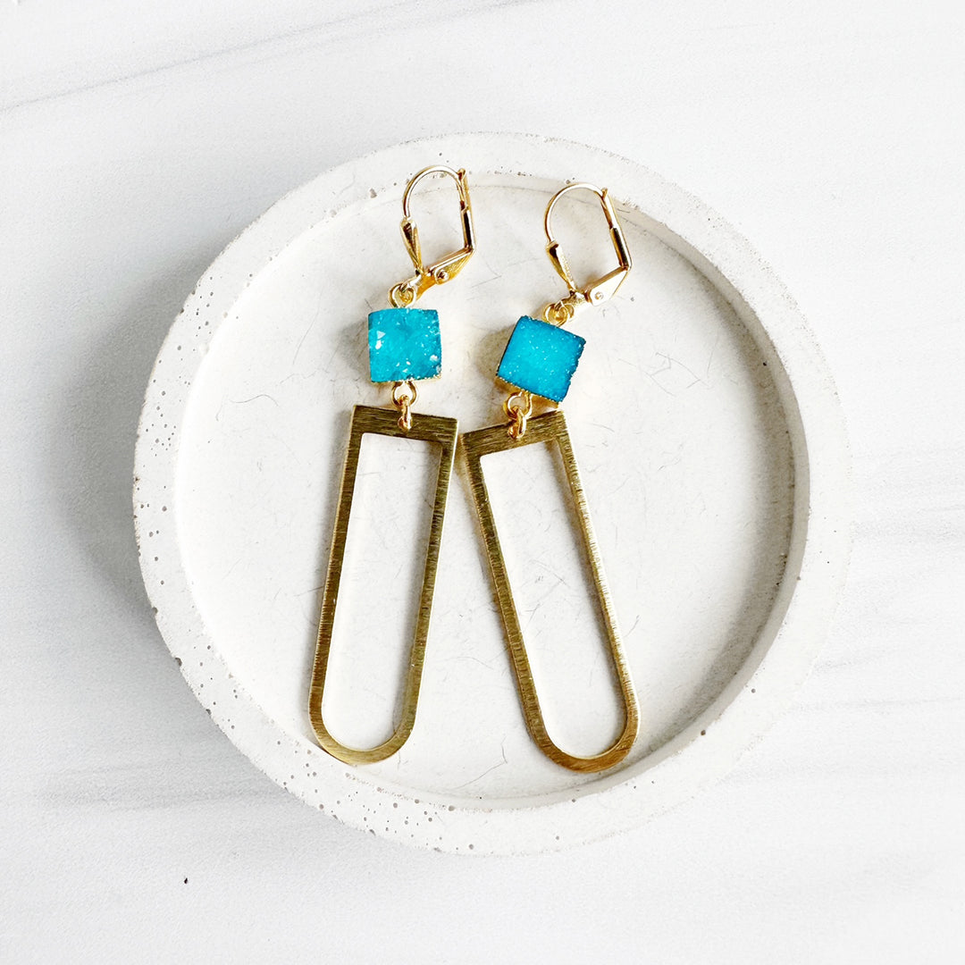 Sky Blue Druzy and Horseshoe Dangle Earrings in Brushed Brass Gold