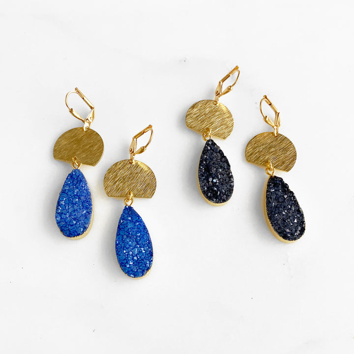 Blue and Black Druzy Teardrop and Brushed Gold Statement Earrings