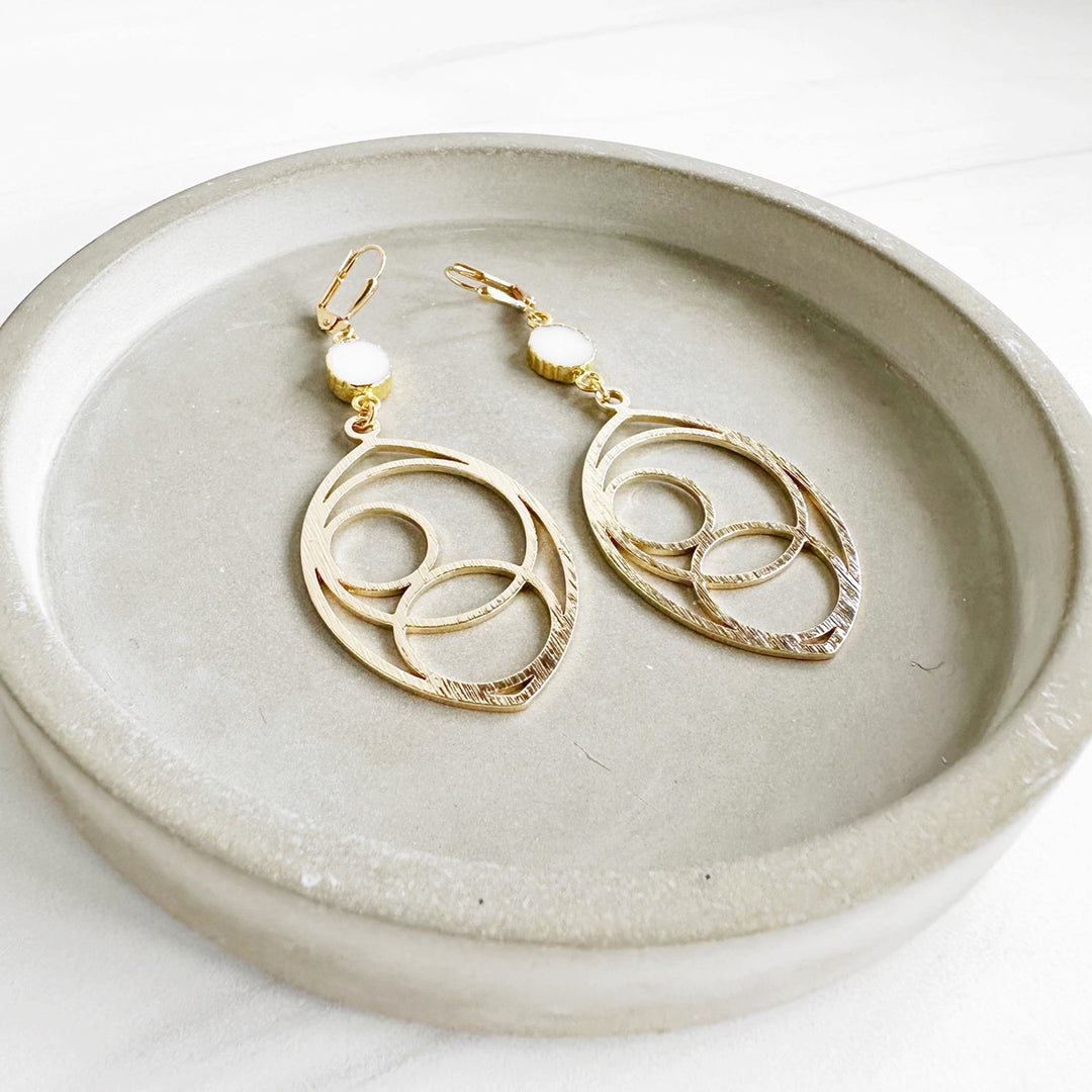 White Agate Marquise Circle Shaped Earrings in Brushed Brass Gold